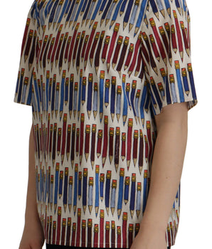 Dolce &amp; Gabbana White Pencil Print Cotton T-Shirt Blouse