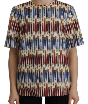 Dolce &amp; Gabbana White Pencil Print Cotton T-Shirt Blouse