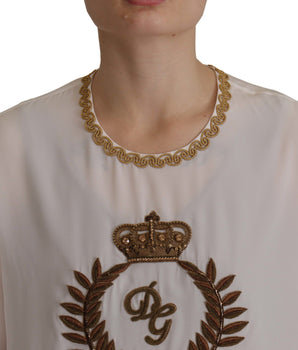 Dolce &amp; Gabbana White Silk Gold DG Crown Crystal Blouse Top