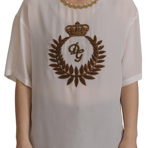 Dolce &amp; Gabbana Elegante blusa de seda con bordado de corona dorada