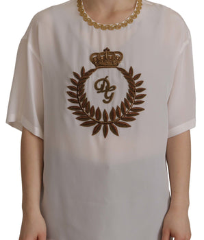 Dolce &amp; Gabbana White Silk Gold DG Crown Crystal Blouse Top