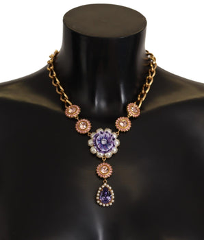 Dolce & Gabbana Gold Brass Crystal Purple Pink Pearl Pendants Necklace