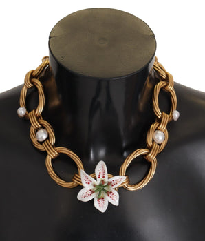 Dolce &amp; Gabbana Gold White Lily Floral Chain Statement Necklace