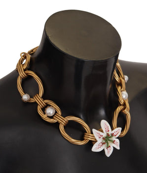 Dolce &amp; Gabbana Gold White Lily Floral Chain Statement Necklace