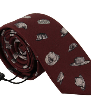 Dolce & Gabbana Maroon Hat Pattern 100% Silk Adjustable Accessory Tie