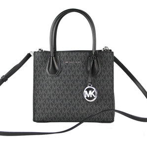 Michael Kors Mercer Medium Black Signature Leather Messenger Crossbody Handbag