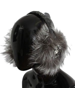 Dolce &amp; Gabbana Gray Fox Fur Crystal Ear Muffs