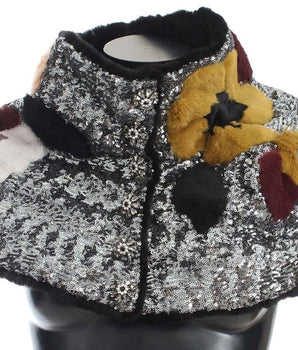 Dolce & Gabbana Silver Sequined Floral Weasel Fur Shoulder Scarf Wrap Dolce & Gabbana 