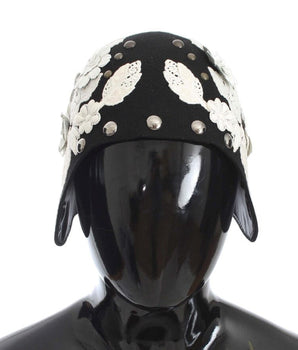 Dolce & Gabbana Black Wool White Floral Gold Leaf Hat Dolce & Gabbana 