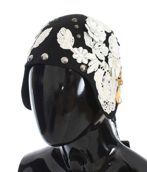 Dolce & Gabbana Black Wool White Floral Gold Leaf Hat Dolce & Gabbana 