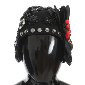 Dolce &amp; Gabbana Elegant Black Crystal-Adorned Cloche Hat