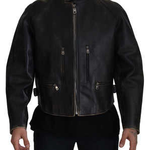 Dolce & Gabbana Elegant Black Leather Jacket with Silver Details