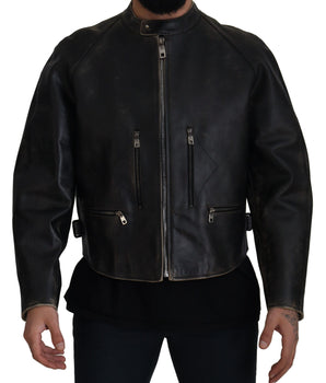 Dolce &amp; Gabbana Elegante chaqueta de cuero negra con detalles plateados