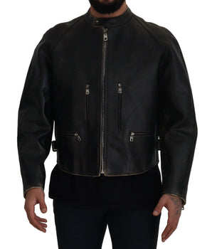 Dolce &amp; Gabbana Elegante chaqueta de cuero negra con detalles plateados