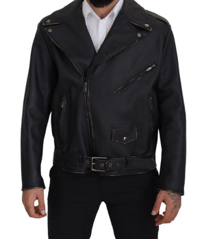 Dolce & Gabbana Black Leather Biker Coat Zipper Jacket
