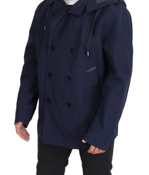 Dolce & Gabbana Blue Hooded Double Breasted Coat Jacket