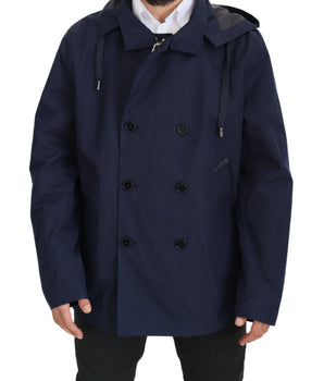 Dolce & Gabbana Blue Hooded Double Breasted Coat Jacket