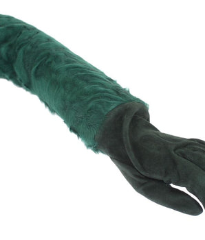 Dolce & Gabbana Green Leather Xiangao Fur Elbow Gloves Dolce & Gabbana 
