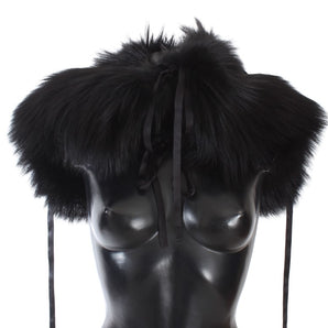 Dolce &amp; Gabbana Elegant Black Fox Fur Silk Shoulder Wrap