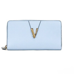 Versace Large Cornflower Grainy Leather Gold Monogram Zip Around Clutch Wallet