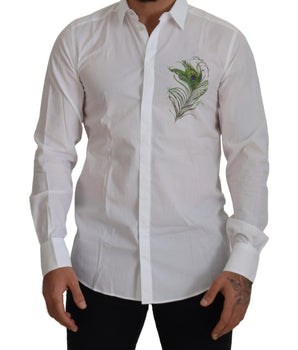 Dolce & Gabbana White Cotton Peacock Feather Formal GOLD Shirt