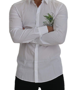 Dolce & Gabbana White Cotton Peacock Feather Formal GOLD Shirt