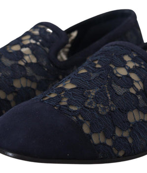 Dolce & Gabbana Blue Floral Lace Slip Ons Loafers Flats Shoes