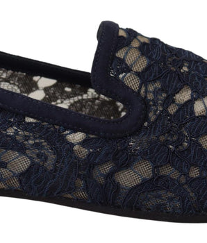 Dolce & Gabbana Blue Floral Lace Slip Ons Loafers Flats Shoes