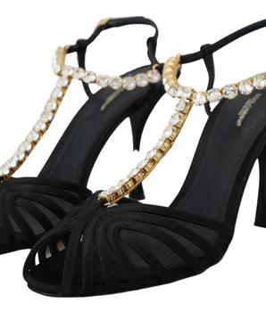 Dolce & Gabbana Black Satin Clear Crystal T-strap Sandal Shoes