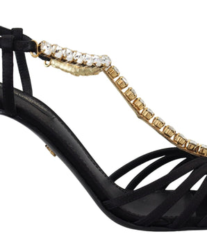 Dolce & Gabbana Black Satin Clear Crystal T-strap Sandal Shoes