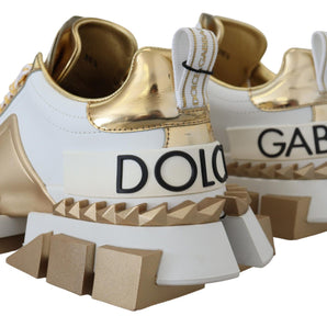 Dolce &amp; Gabbana Elegantes zapatillas deportivas de cuero blanco y dorado