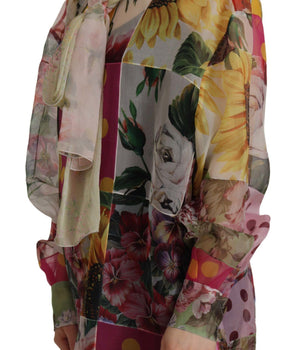 Dolce & Gabbana Multicolor Ascot Collar Patchwork Blouse Top