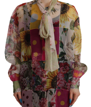 Dolce & Gabbana Multicolor Ascot Collar Patchwork Blouse Top