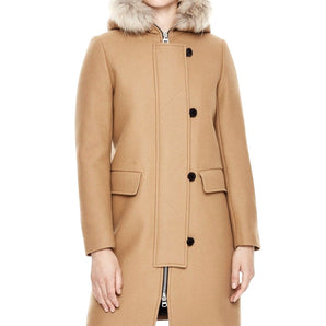 Sandro Women's Camel Kurt Wool Coat Fur Trim Hood