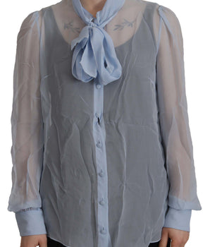Dolce &amp; Gabbana Blusa elegante de seda con cuello Ascot en azul claro