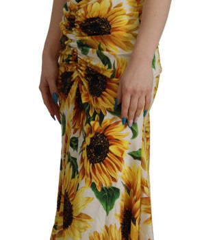 Dolce & Gabbana White Sunflower Print Sheath Midi Silk