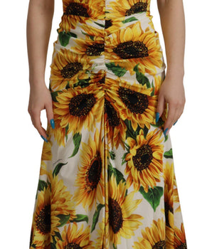 Dolce & Gabbana White Sunflower Print Sheath Midi Silk