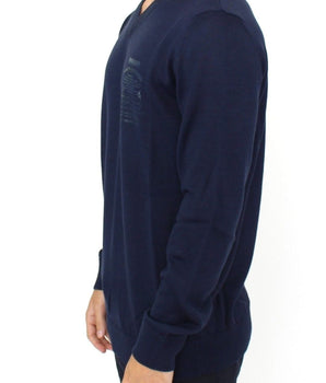 Ermanno Scervino Elegant Blue V-Neck Wool Blend Pullover Ermanno Scervino 