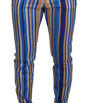 Dolce & Gabbana Blue Striped Silk Cotton Slim Trousers Pants
