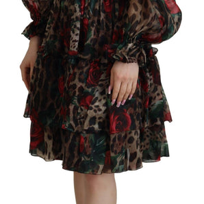 Dolce &amp; Gabbana Silk Leopard Print &amp; Red Roses Dress