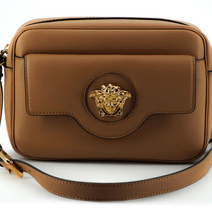 Versace Elegant Brown Leather Camera Case Shoulder Bag