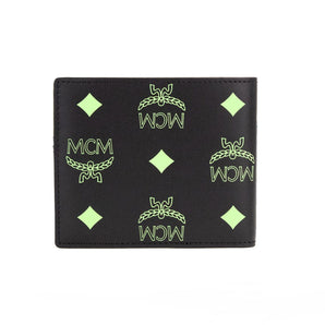 Cartera plegable pequeña de piel con logo y monograma de Visetos lisos en negro y verde veraniego de MCM