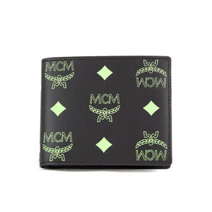 Cartera plegable pequeña de piel con logo y monograma de Visetos lisos en negro y verde veraniego de MCM