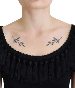 Dolce & Gabbana Black Tank Top Blouse Tassle Cotton Blouse