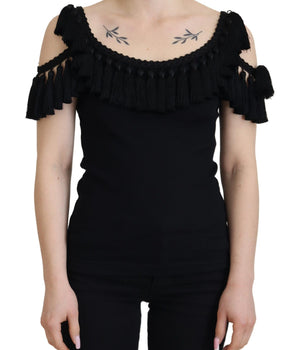 Dolce & Gabbana Black Tank Top Blouse Tassle Cotton Blouse