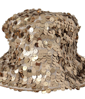 Dolce & Gabbana Gold Silk Sequin Embellished Designer Brim Bucket Hat