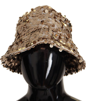 Dolce & Gabbana Gold Silk Sequin Embellished Designer Brim Bucket Hat