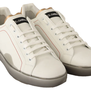 Dolce & Gabbana Elegant White & Gold Leather Sneakers