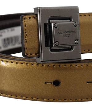 Dolce & Gabbana Gold Leather Silver Square Metal Buckle Belt