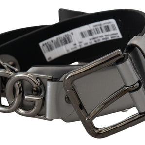 Dolce &amp; Gabbana Chic Silver Leather Belt with Metal Buckle